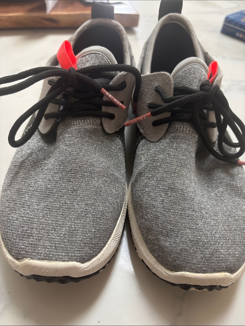 Coolway Gray Knit Athletic Sneakers with Black Laces and Red Pull Tabs